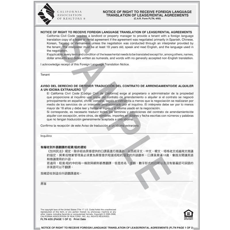 FLTN - Notice of Right to Receive Foreign Language Translation of Lease/Rental Agreements