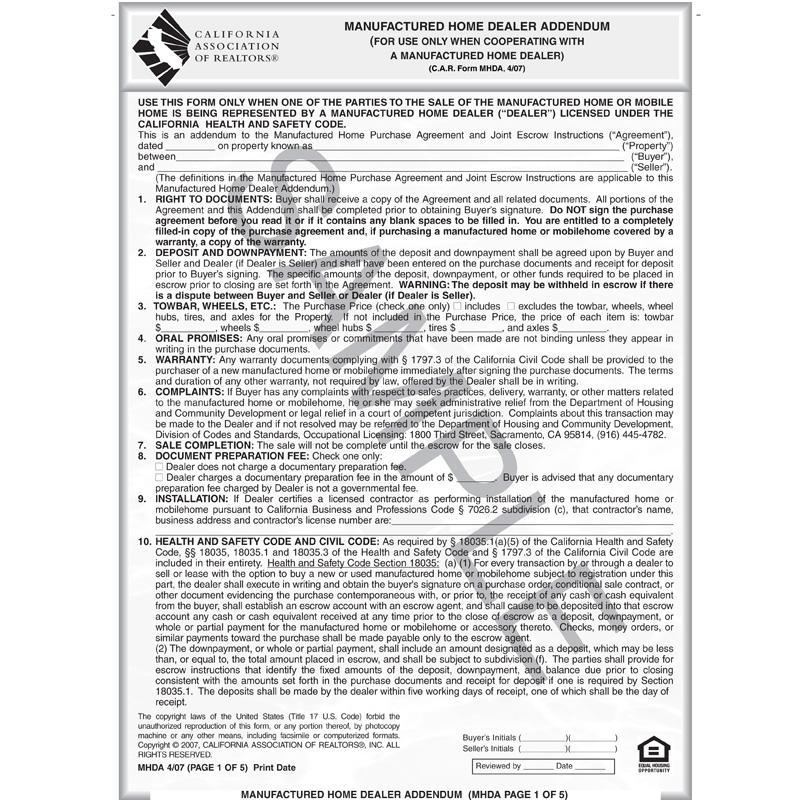 MHDA - Manufactured Home Dealer Addendum