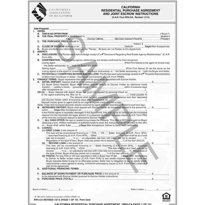 RPA California Residential Purchase Agreement and Joint Escrow Instr