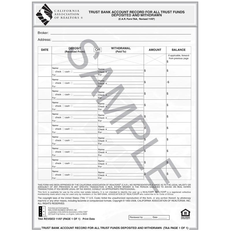 TAA - Trust Bank Acct. Record for All Trust Fund Deposit & Withdrawn