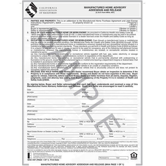 MHA - Manufactured Home Advisory Addendum and Release