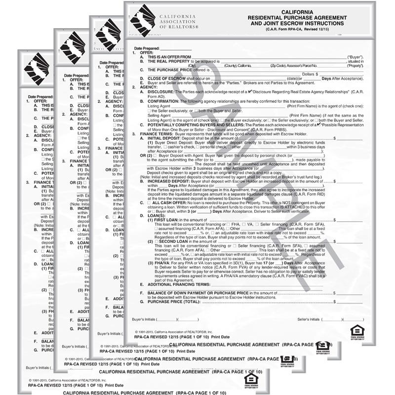 RPA - California Residential Purchase Agreement and Joint Escrow Instructions - 4 Pack