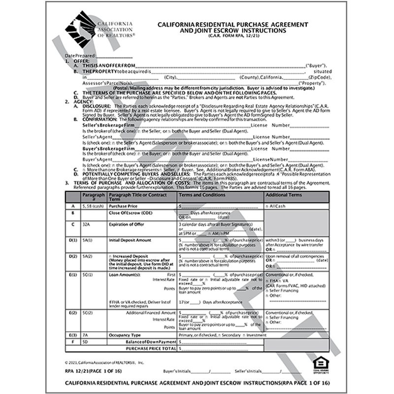 RPA - 2021 California Residential Purchase Agreement and Joint Escrow Instructions - 10-pack