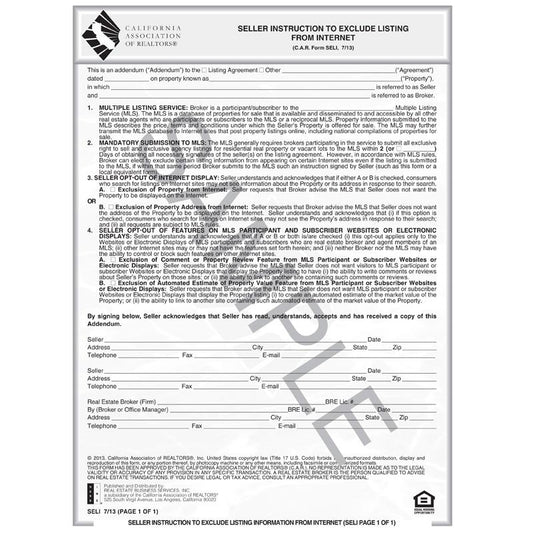 SELI - Seller Instruction to Exclude Listing From Internet