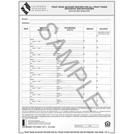 TAA - Trust Bank Acct. Record for All Trust Fund Deposit & Withdrawn