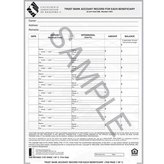 TAB - Trust Bank Account Record for each Beneficiary
