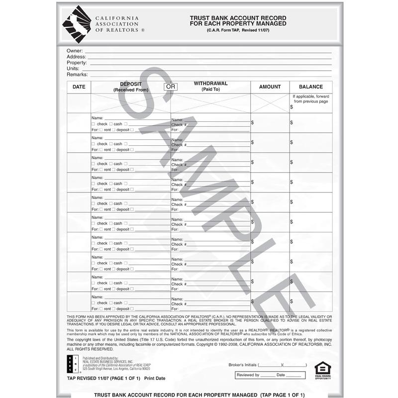 TAP - Trust Bank Acct. Record for Each Property Managed