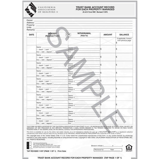 TAP - Trust Bank Acct. Record for Each Property Managed