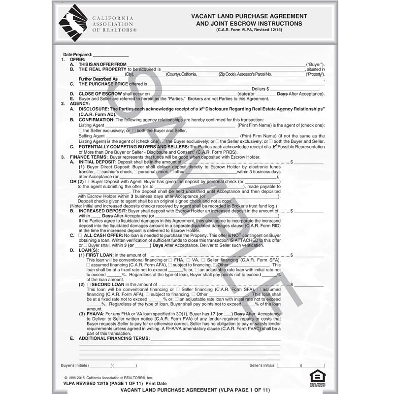 VLPA - Vacant Land Purchase Agreement & Joint Escrow